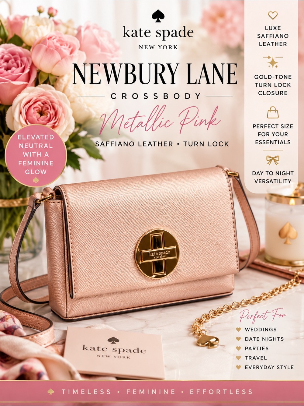 Kate  Spade Newbury‎ Lane Crossbody Metallic  Pink Saffiano Leather Turn Lock